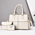 Three-piece beige stone texture tote bag set with envelope clutch and matching small wallet - Handbag, Clutch and Card Holder / Off White