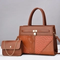 Brown multi-texture leather handbag set with gold latch and detachable shoulder strap - Earthy Yellow