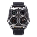 Detailed view of dual time zone watch with compass and thermometer on leather strap - Black Strap Black Dial