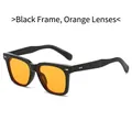 Retro square sunglasses with black frame, orange lenses, and golden rivets detail - Black Frame Orange Lens