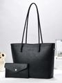 Large black woven faux leather tote bag with matching envelope clutch set - Black