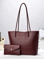 Elegant burgundy leather tote bag and matching clutch set with fashion embossed texture - Burgundy
