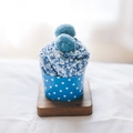 Blue coral fleece cupcake socks with fuzzy balls in creative gift packaging - One Size / Light Blue & White