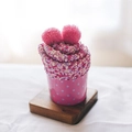 Pink and purple coral fleece cupcake socks in polka dot cup with decorative pom-poms - One Size / Rose Red & White