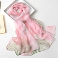 Pink and green floral silk scarf with delicate plant leaf patterns for women - 160cm / Pink