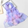 Light purple silk scarf with pink lotus leaf prints laid flat on a white background - 160cm / Purple