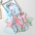 Thin silk scarf with pink lotus and green leaf design on light blue gradient background - 160cm / Aqua Blue