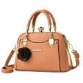 Brown leather handbag with crystal knob, metal logo, and rose charm for women - Flesh Pink