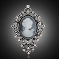 Vintage silver-tone cameo brooch with white lady silhouette and clear rhinestones - Antique Silver (C054-A)