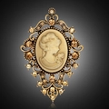 Vintage Victorian cameo brooch with golden metal frame and amber crystal accents - Antique Gold (C054-B)