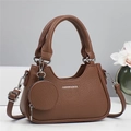 Brown litchi grain PU leather crescent tote bag with fashion text and round coin purse - Earthy Yellow