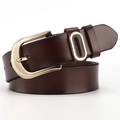 Deep brown genuine leather women belt with polished golden oval pin buckle on white base - 105cm / Coffee