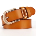 Classic tan genuine leather belt for women featuring a polished gold horseshoe buckle - 105cm / Tan