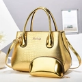 Golden crocodile embossed tote bag set with round handles and matching coin purse - One Size / Gold