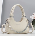 Minimalist beige lychee leather tote bag with silver chain and crescent moon charms - White