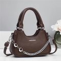 Dark brown pebble leather tote bag with silver chain and FASHION & BAGS lettering - Coffee