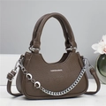 Brown lychee texture crossbody handbag with silver moon chain and fashion print - Brown