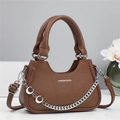 Brown lychee pattern handbag with silver crescent chain and adjustable shoulder strap - Khaki/Earth Yellow
