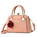 Elegant peach pink leather handbag for women with gold hardware and rose ornament - Light Pink