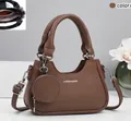 Brown litchi grain tote bag with fashion lettering and matching round charm pendant - Dark Khaki