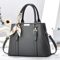 Deep grey litchi leather tote bag with elegant silk scarf and golden metal hardware - L30xW12xH23cm / Gray