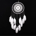 Handcrafted white dream catcher with crochet center and goose feathers on black background - MS6013B White