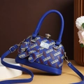 Blue large capacity h-pattern handbag with bear charm and adjustable shoulder strap - Blue