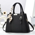 Litchi pattern black leather handbag with gold hardware and decorative silk scarf - L30xW12xH23cm / Black
