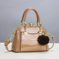 Glossy brown patent leather shell bag with gold hardware and rose pendant decoration - Brown