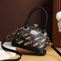 Chic black Boston handbag with HHH pattern, top handle and detachable strap for women - Black