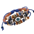 Blue leather evil eye bracelet with brown wooden beads and adjustable sliding knot closure - Sapphire Blue / Drawstring Adjustable