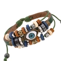 Adjustable multilayer leather bracelet featuring blue evil eye charm and colorful wooden beads - Dark Green / Drawstring Adjustable