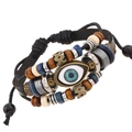 Verstellbares mehrlagiges Lederarmband mit blauer Augenperle und Holzperlen - Schwarz / Kordelzug Verstellbar
