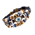 Multilayer leather bracelet with blue evil eye charm and mixed wooden beads for women - Black / Snap Button Style