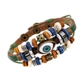 Multilayer leather beaded bracelet with blue evil eye charm in green and brown finish - Green / Snap Button Style