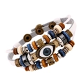 Blue eye charm multilayer braided leather bracelet with wooden beads and bronze clasp - White / Snap Button Style