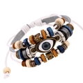 Multilayer leather bracelet with evil eye bead and brown wood beads on white cord - Pure White / Drawstring Adjustable