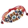 Braided red leather evil eye bracelet with multilayer wood beads and adjustable drawstring - Red / Drawstring Adjustable