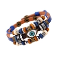 Ethnic blue beaded leather bracelet with evil eye charm and adjustable drawstrings - Sapphire Blue / Snap Button Style