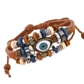 Mehrlagiges Lederarmband in Braun mit Evil-Eye-Perle und verstellbarem Kordelzug - Hellbraun / Kordelzug Verstellbar