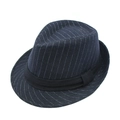 Men's retro wool felt fedora in navy blue with white pinstripes and black band trim - Dark Blue