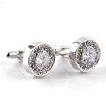Elegant men's silver alloy round cufflinks with clear zircon stone on white background - White