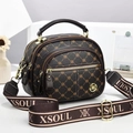 Classic dark brown monogram handbag with leather texture and adjustable shoulder strap - Coffee