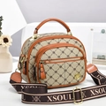 Large vintage canvas tote bag with brown leather trim and wide monogrammed shoulder strap - Khaki