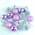 Close-up of purple Christmas baubles, silver gift boxes, and pine cones on white faux fur - 20 Pieces Set / Light Purple + Silver
