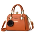 Elegant caramel brown PU leather crossbody bag with top handle and rose pendant - Khaki/Earth Yellow