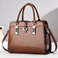 Brown crocodile embossed faux leather tote bag with gold hardware and shoulder strap - Brown