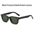 Retro square black sunglasses with dark green lenses and stylish metal rivet details - Black Frame Dark Green Lens