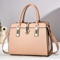 Fashionable beige faux crocodile leather handbag with golden hardware and shoulder strap - Khaki