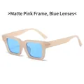 Vintage square sunglasses in matte sand pink frame with vibrant blue lenses for women and men - Matte Pink Frame Blue Lens